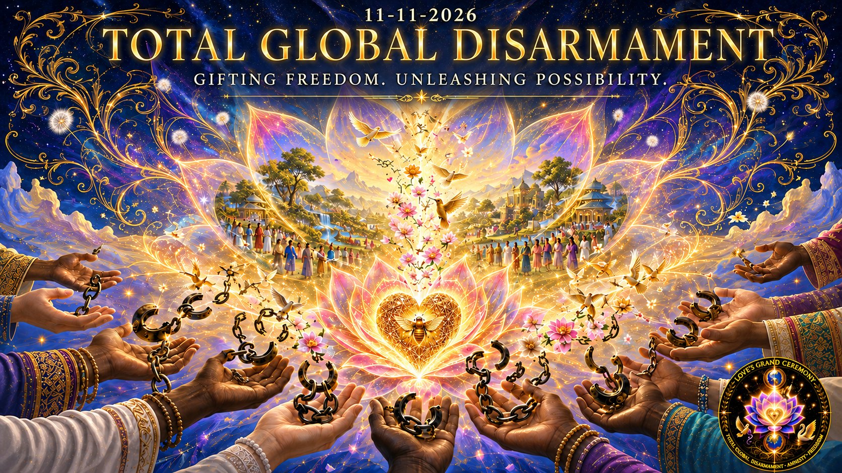 11-11-2026, Total Global Disarmament: open hands releasing broken chains toward a glowing lotus heart, with people gathered in celebration